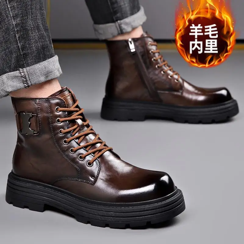 Шерстяные джинсовые ботинки мужские из воловьей кожи с приподнятым низом