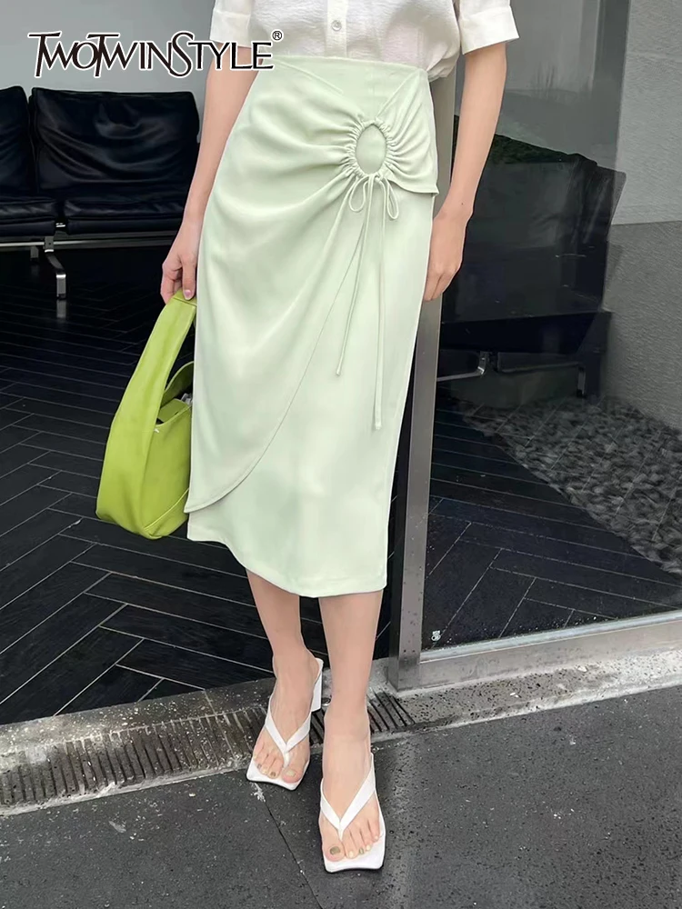 

TWOTWINSTYLE Elegant Midi Skirts Long Summer Clothes For Women Drawstring Solid Minimalist Skirt Female Fashion Clothing Style