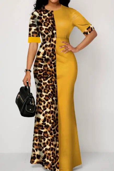 

Women's Dresses 2023 Summer and Spring Short Sleeve Maxi Dress Fashion Round Neck Leopard Stitching Slit Long Dress Famale Dress