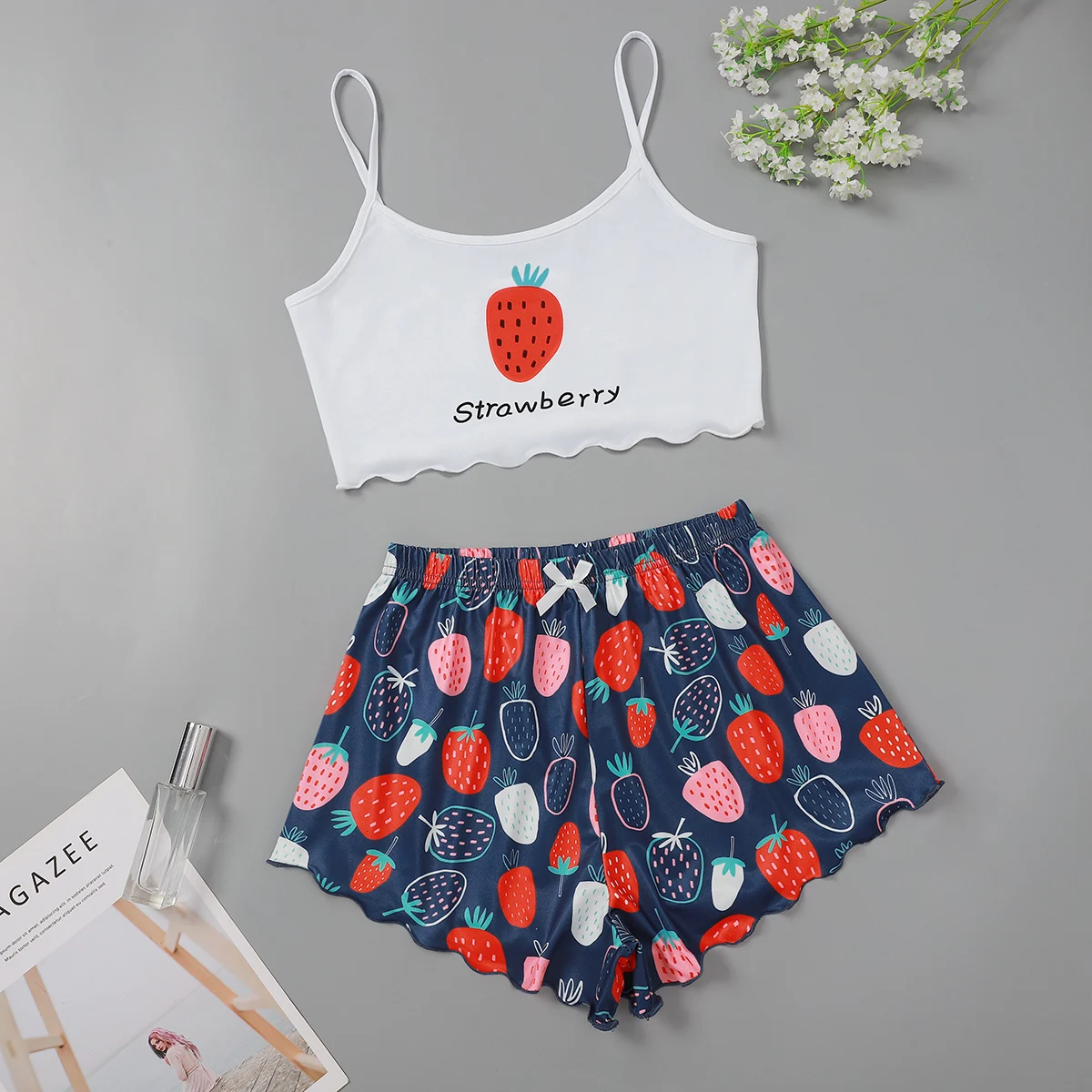 Cartoon Printed Pajamas Women's Suspender Cami Short Underwear Nightdress Set Stylish Sexy Home Women's Underwear Nightdress Set