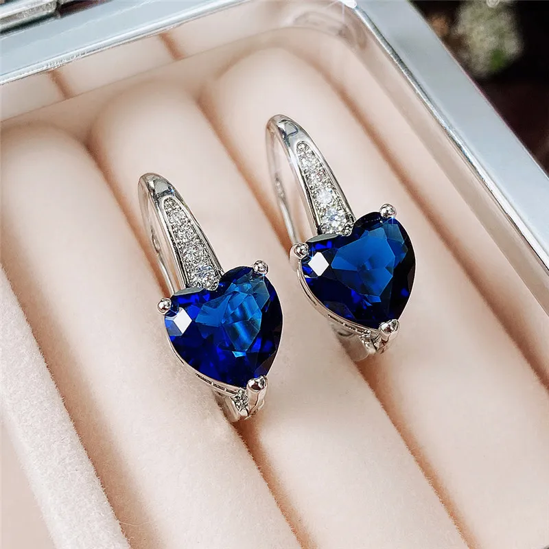 

New Blue CZ Heart Earrings for Women Simple and Elegant Wedding Accessories Silver Color Fashion Versatile Ear Jewelry Gift