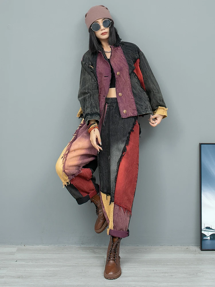 Индивидуальный Состаренный контрастный джинсовый жакет с прострочкой и длинным