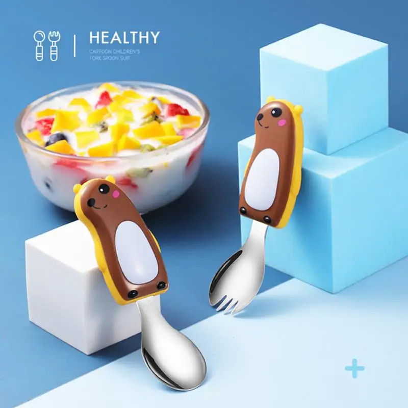 

Cartoon Spoon Fork Set Bear Animal Spoons Short Handle Spoon Gift Box Baby Tableware Set Stainless Steel Fork Home Accessories