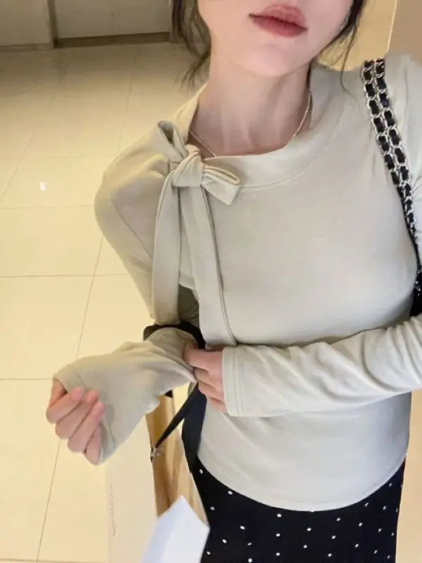 

Design Bow Lace-up Long-sleeved T-shirt for Women Autumn and Winter Slim Half Turtleneck Base Shirt with Top Inside