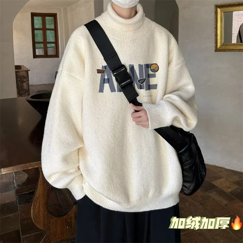 Autumn and Winter Turtleneck sweater Men's Letters Print Knit Tide Brand Bottoming Shirt 2024 New Temperament Slim fit Top