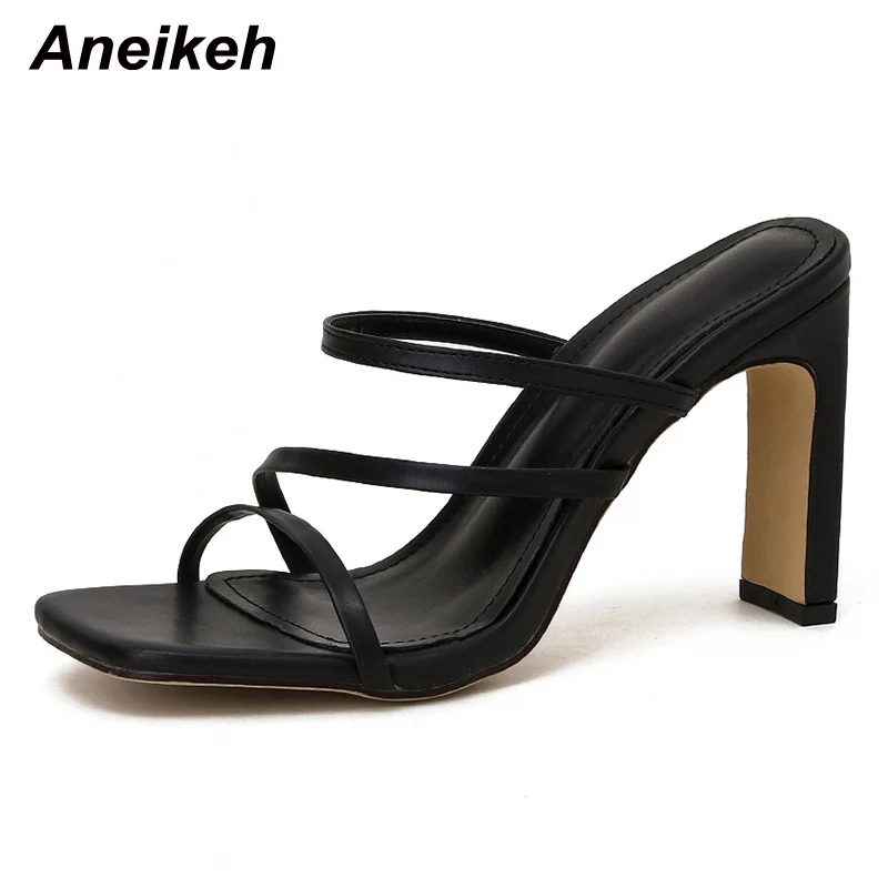 

Aneikeh Female High Heels Slippers Fashion Square Open Toe PU Narrow Band Slip-on Rome Style Women Shoes Size 35-42 Summer New