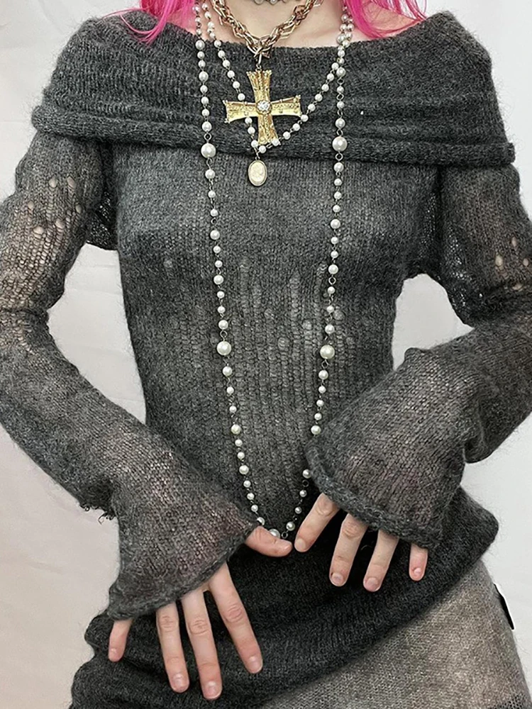 2023 темные зимние женские вязаные платья с открытыми плечами Фея гранж Y2k Ретро эстетическое мини-платье готическая Сексуальная одежда с дли...