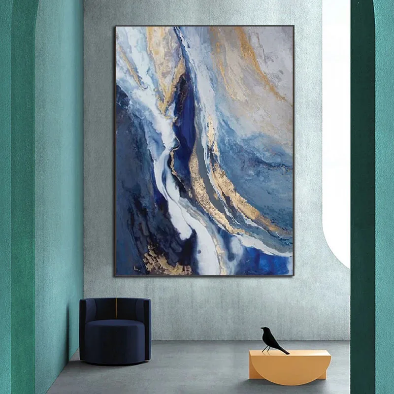 Новинка 100% настраиваемая картина маслом ручной работы синяя Золотая фольга