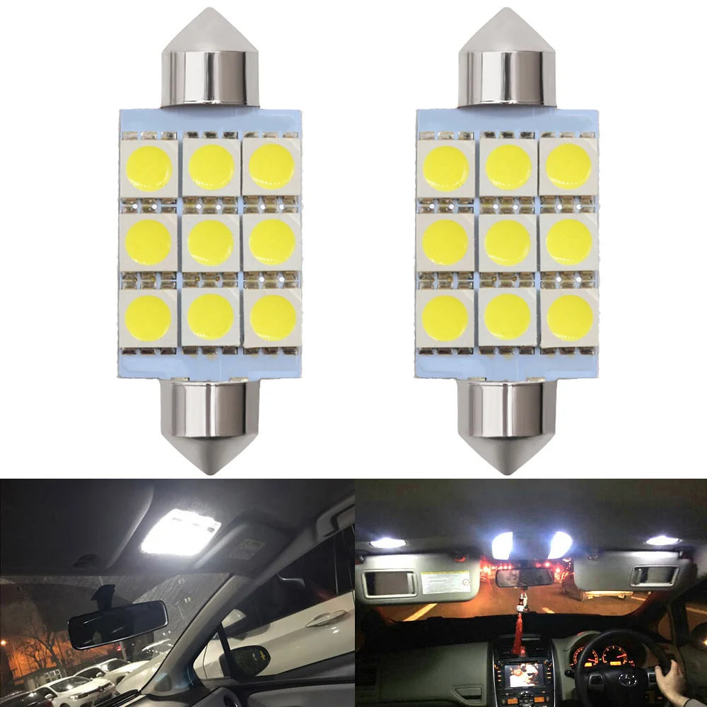 

2 шт. белый потолочная лампа LED C5W C10W 5050 9SMD 36 мм/39 мм/41 мм DC12V Автомобильный светодиодный купол с фестонами двери светильник лампы для чтения ин...