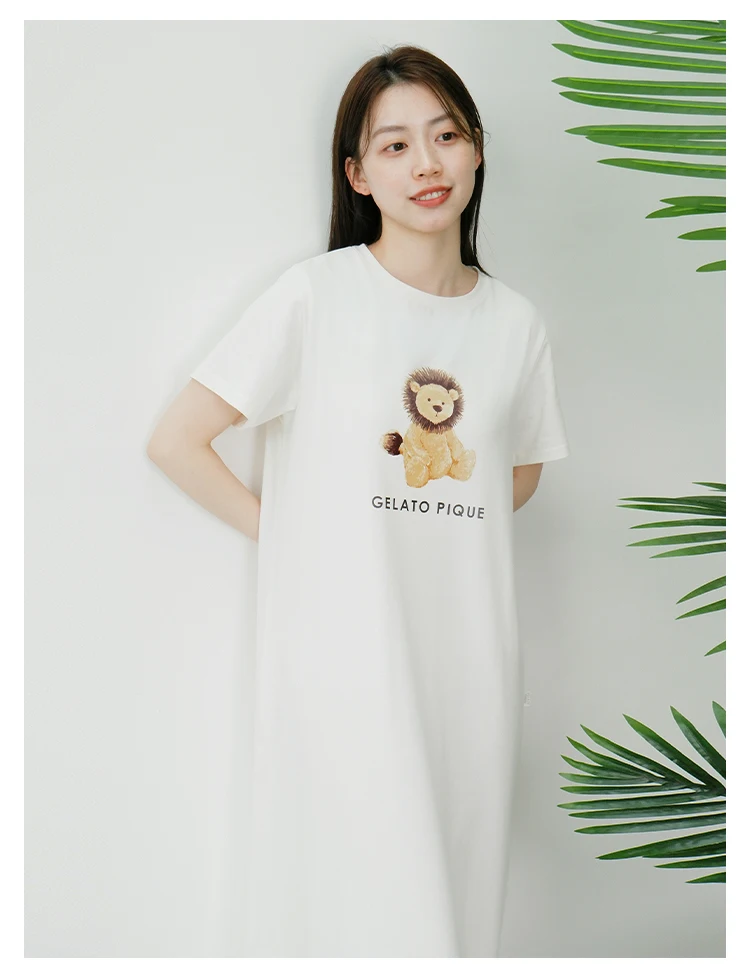 One Piece Ladies Room Wear  Night Dress Women Gelato Pique Nightwear Summer New Women's Nightdress Lion Rabbit Printed