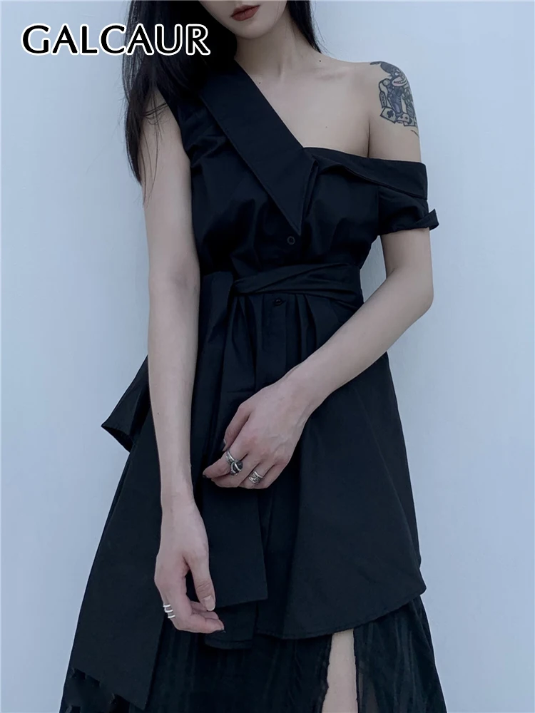 

GALCAUR Korean Short Shirts For Women V Neck Sleeveless Patchwork Lace Up Irregular Blouses Female 2022 Elegant Clothing Style