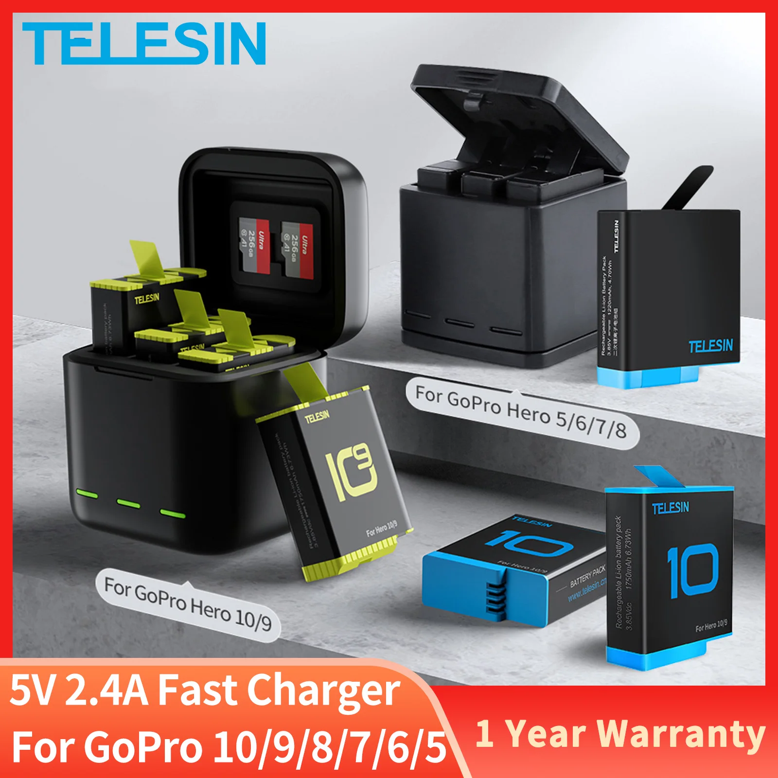 Аккумуляторная батарея TELESIN для GoPro Hero 10, 9, 8, 7, 6, 5, 3 способа, светодиодсветильник ка, зарядное устройство с TF-картой, зарядное устройство для ...