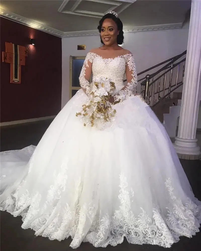 

Princess Ball Gown Lace African Wedding Dresses Off The Shoulder Long Sleeves Sequined Beaded Bridal Gowns Vestido De Novia