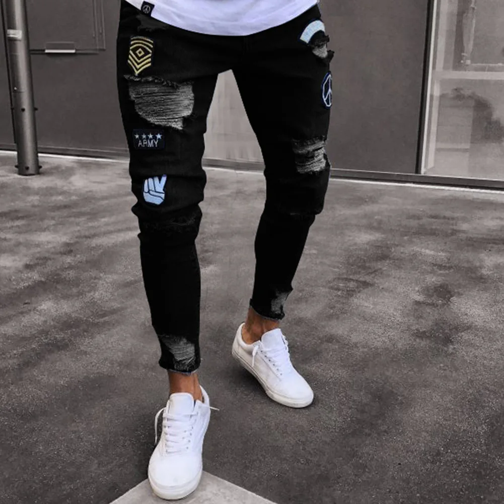 Men Ripped Skinny Jeans Men's Stretchy Denim Pants Brand Embroidery Clothes Overalls Slim Fit Casual Cotton Denim Trousers