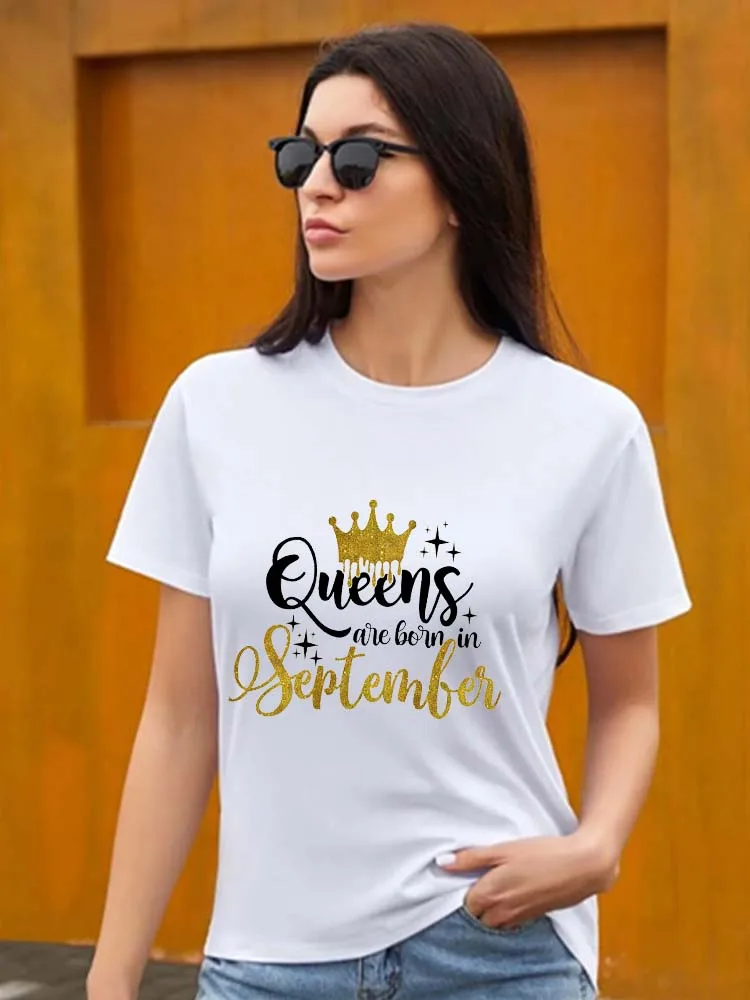 

Golden Crown Queen Are Born In January To December Graphic Print Women's T-Shirt Short Sleeve Tshirt Femme Birthday Gift Top Tee