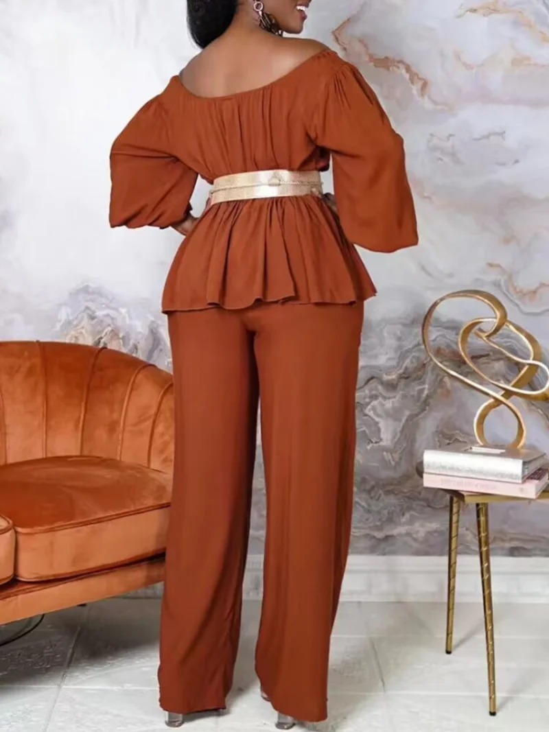 2 Piece Women Set 2023 New Arrival Summer Matching Sets Pleated Off The Shoulder Top And Pants Suits Outfits Clothing And Belt