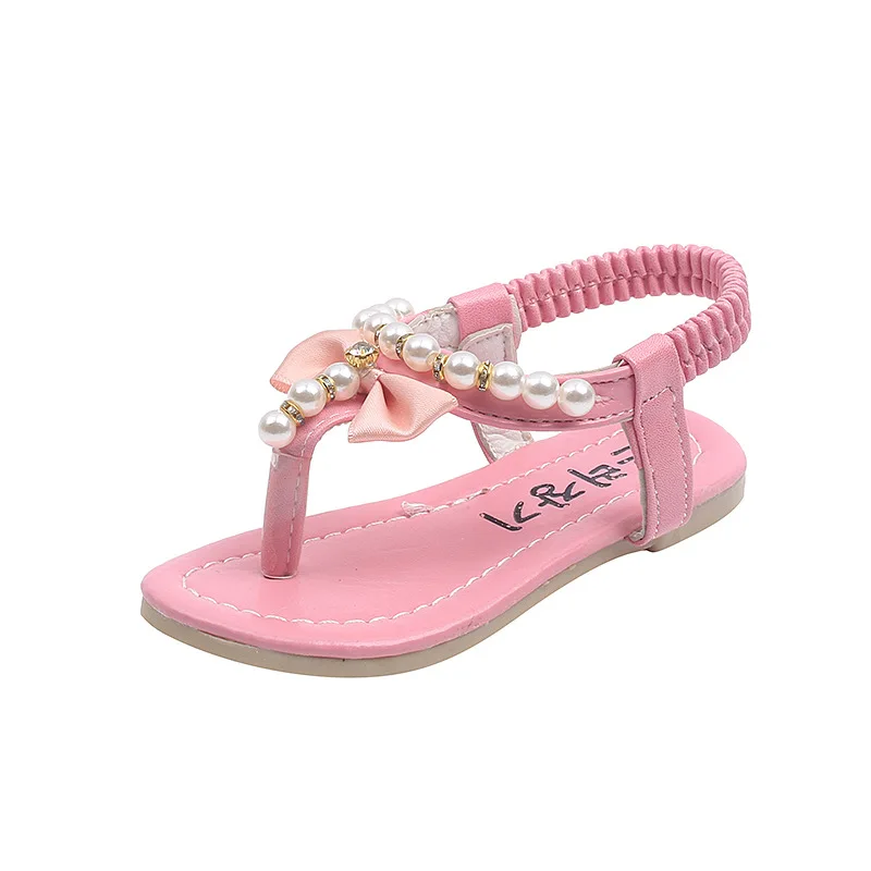 Summer Flats Korean Girls Pearls Rhinestone Kids Beach Sandals Butterfly-knot Princess Children's Sandals Flip Flops Beach Shoes