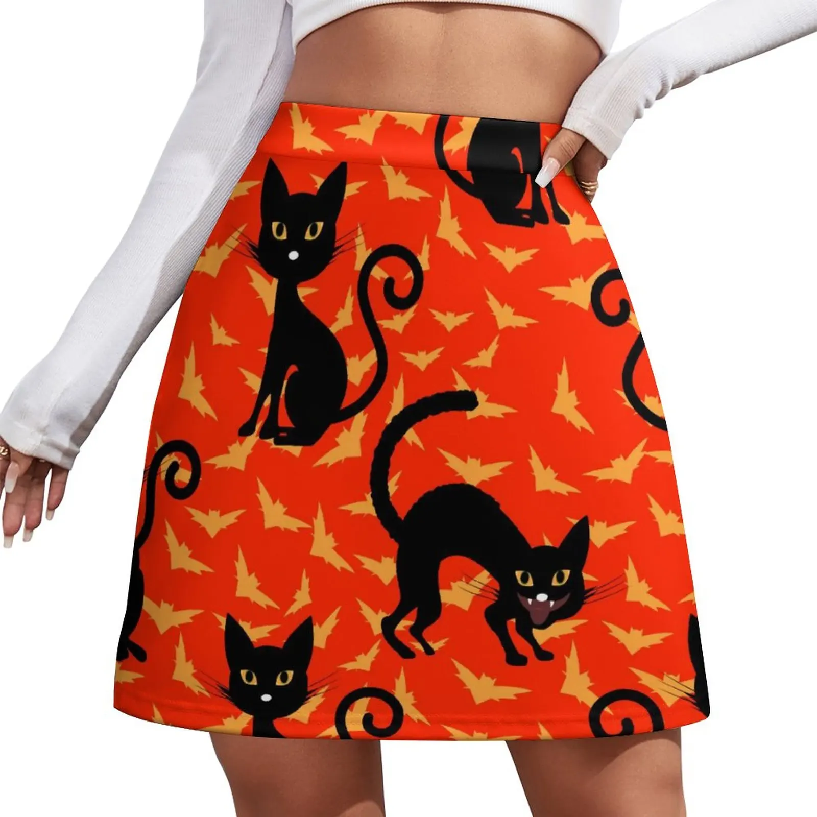 

Spooky Black Cat Skirt Halloween Modern Mini Skirts Spring High Waist Custom Harajuku Casual Skirt Big Size 2XL 3XL