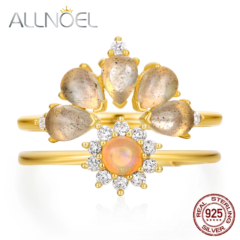 

ALLNOEL Real Gold Plated Natural Opal Gemstones Luxury Fine Jewelry Solid 925 Sterling Silver DIY Stackable Rings Set Hot Sale