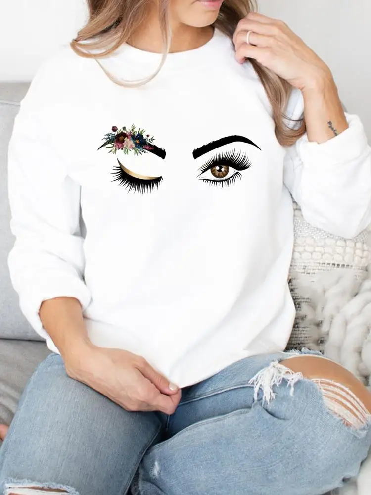 

Женский пуловер с принтом, повседневный свитшот с цветочным принтом и ресницами, весна-осень