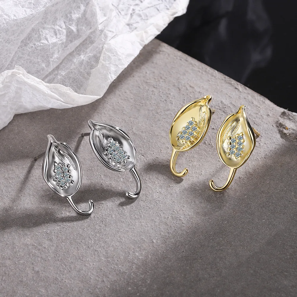 

925 Stamp Silver Color Small Leaf Stud Earrings Women's Gold Zircon Earring Piercing Ear Fashion Wedding Jewelry 2022 Wholesale