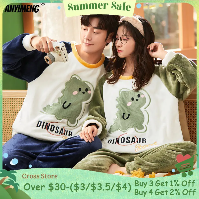 

Осенне-зимняя теплая Фланелевая Пижама для пар, женская одежда для сна, семейная Пижама, домашний костюм для влюбленных, повседневная мужская одежда для сна с принтом динозавра
