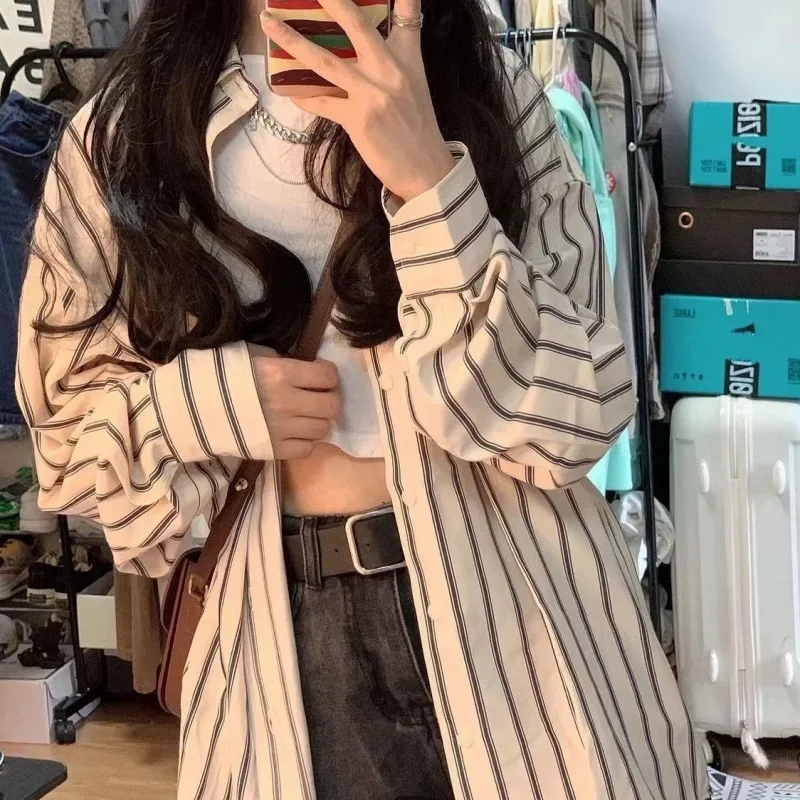 Женская шифоновая блузка с длинным рукавом и полосатым принтом в гонконгском