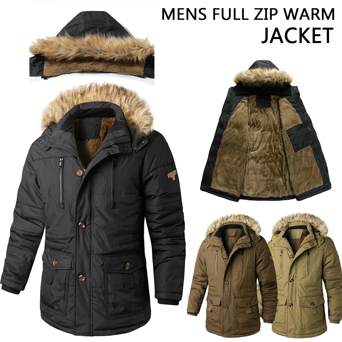 1x Winter Hooded Cotton Jacket Men's Warm Plush Coat Fur Collar Removable Casual Thickened Coat Coat XL-7XL