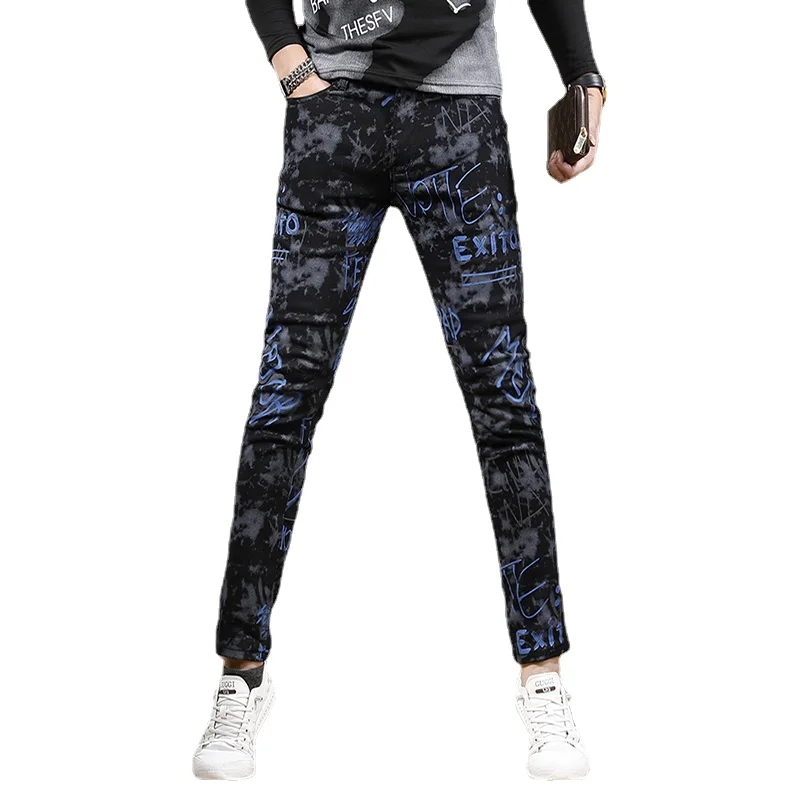 Autumn Men Black Printed Jeans Fashion Slim Fit Straight Pants Streetwear Casual Camouflage Denim Trousers