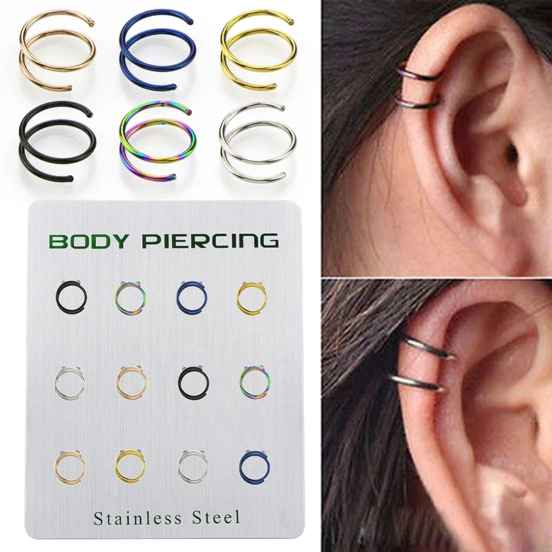 

12pcs Stainless Steel Double Loop Fake Nose Ring Nostril Non-Pierced Jewelry Decoraciones para hombres y mujeres