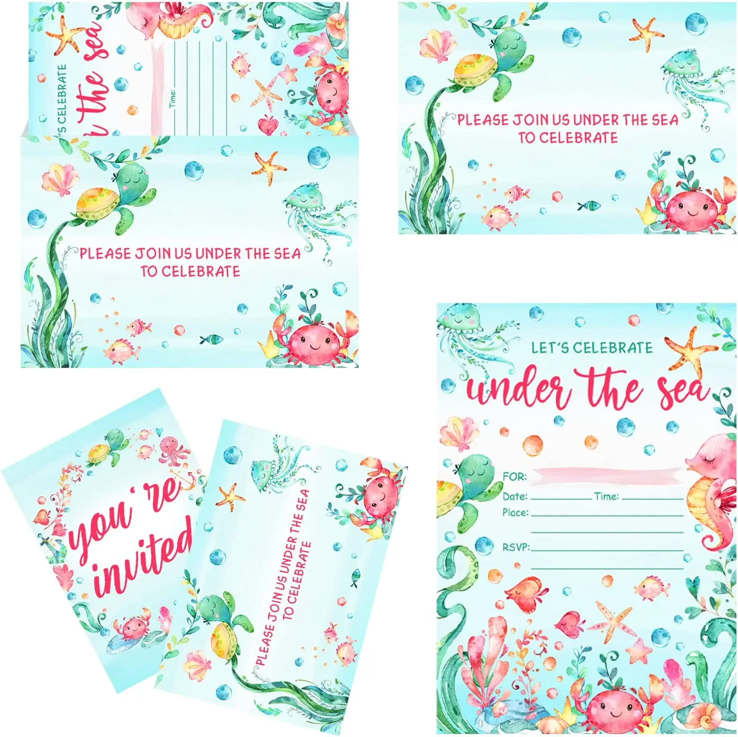 

Under the Sea Party Invitations with Envelopes Girl Sea Animals Baby Shower Invitation Cards Ocean Theme Birthday Party Supplies