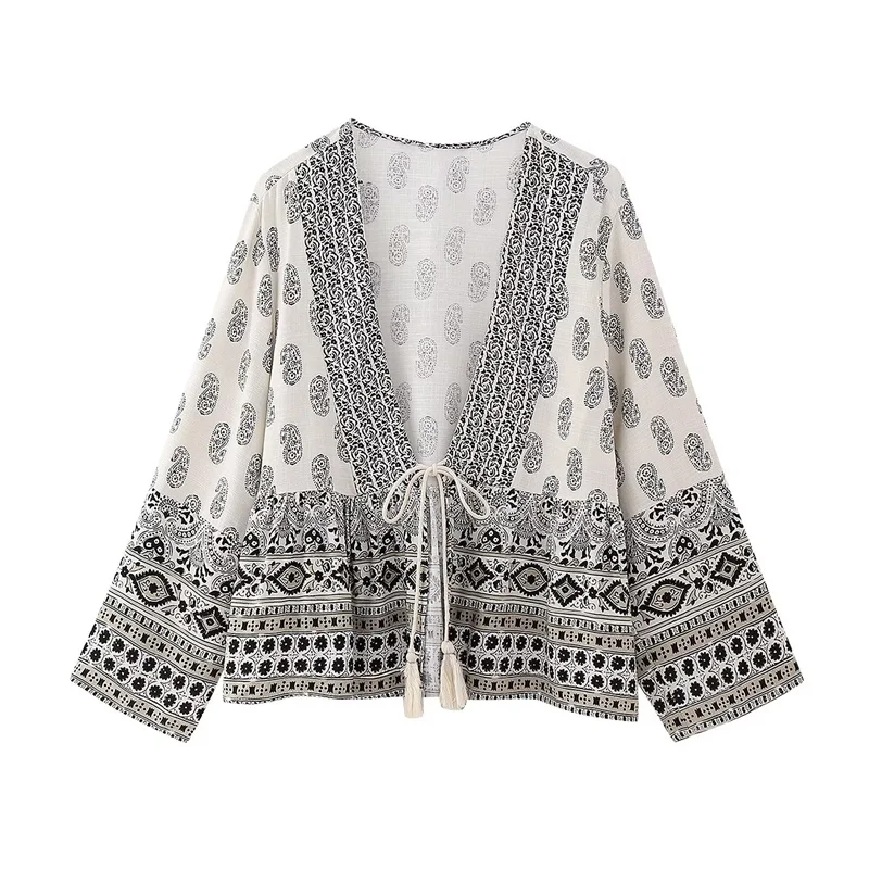 

Woman Casual National Style Print Cardigan 2023 Spring Female Loose V Neck Lacing Cardigans Ladies Elegant Beach Outwear