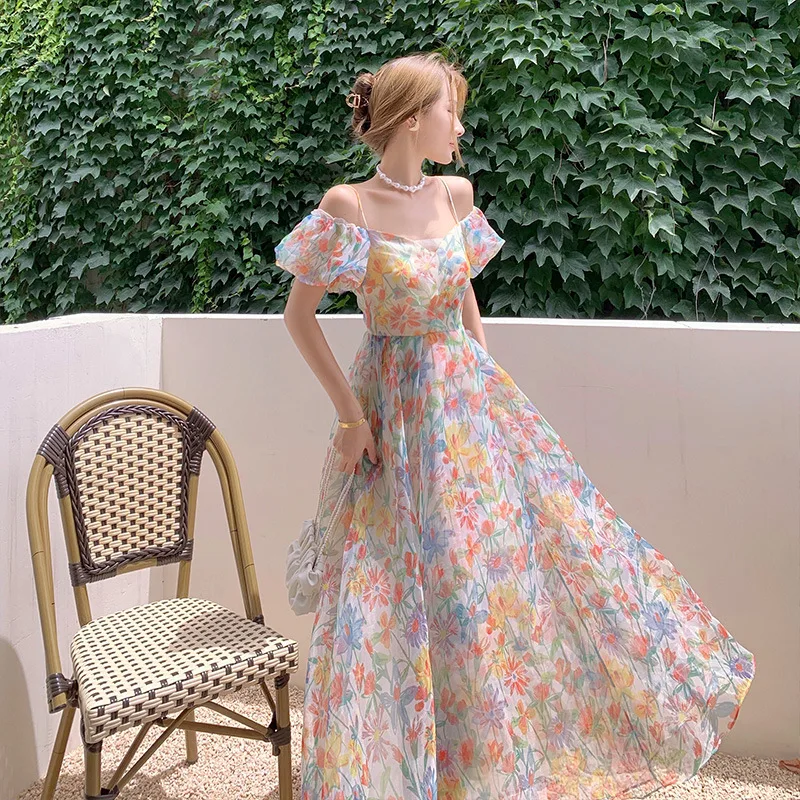 

2022 Summer French Vintage Floral Dress One-shoulder Puff Sleeve Sexy Backless Slip Dresse Legant Temperament Women's Clothing