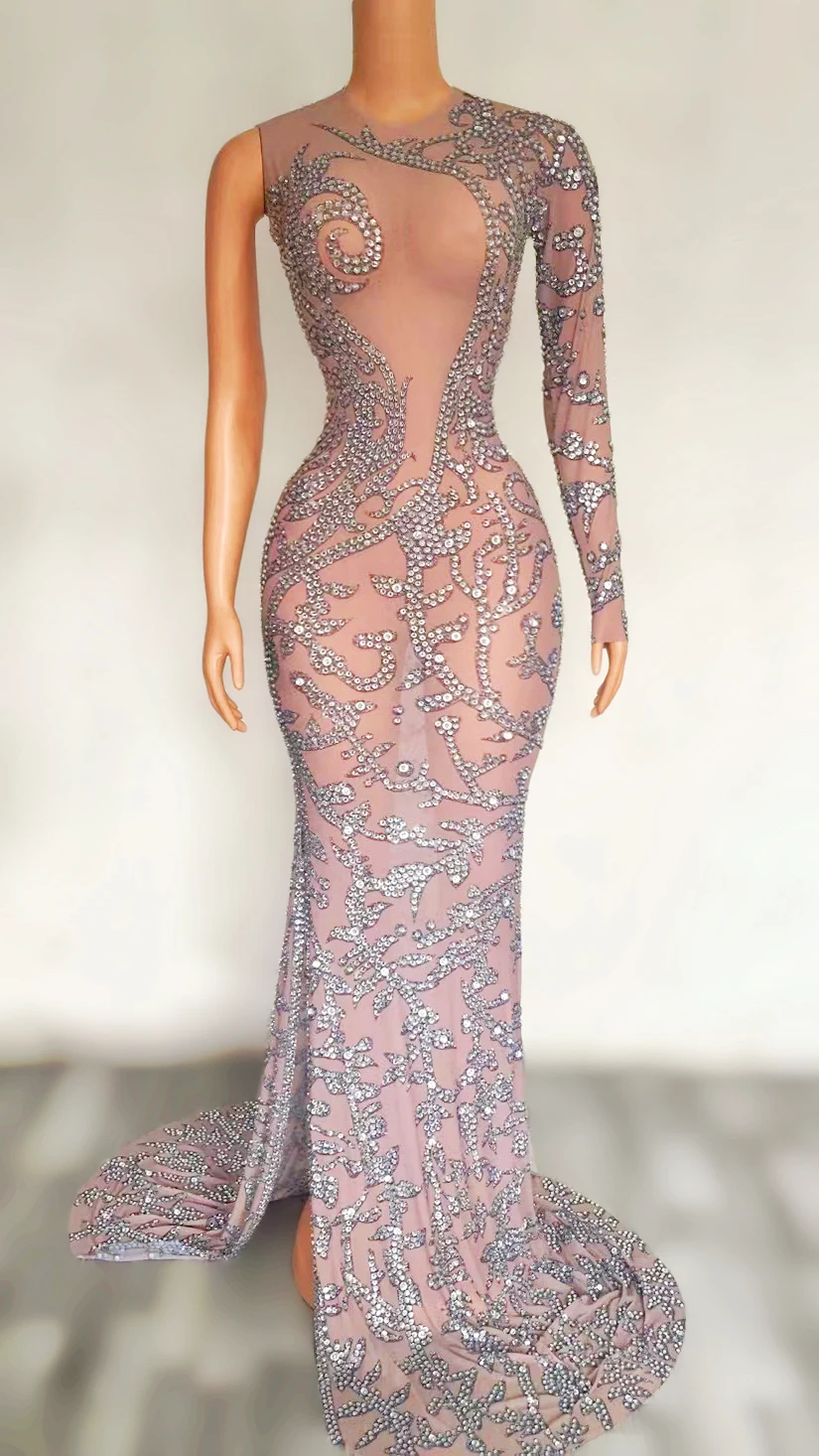 

Sexy Silver Rhinestones Long Train Dresses for Women Evening Celebrate Stage Wear Stretch Birthday Singer Performance Outfit
