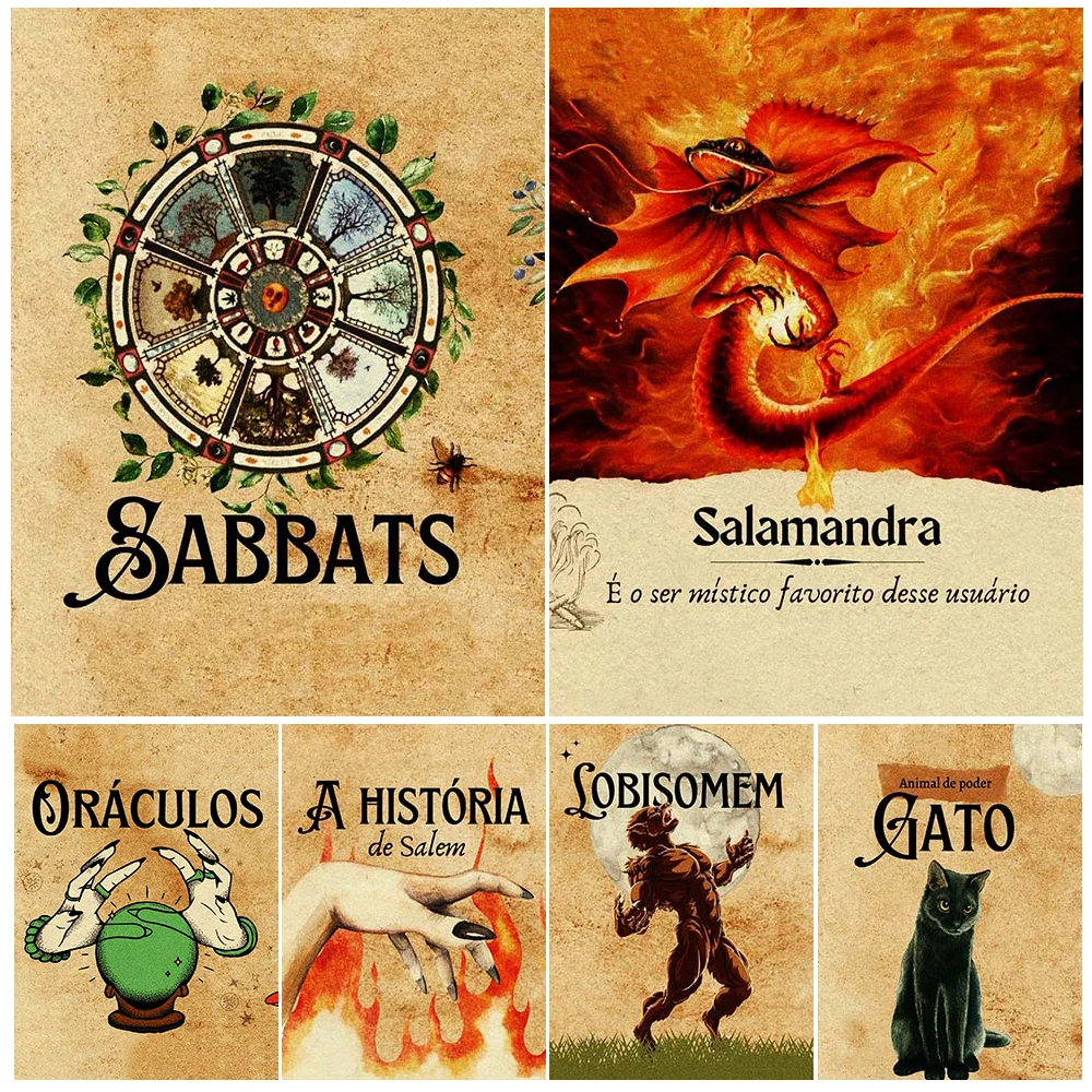 

Black Cat,Crow,Werewolf,Salem Witch Oracle Vintage Wall Art Canvas Painting Mysterious Astrological Rings Art Poster Print Decor