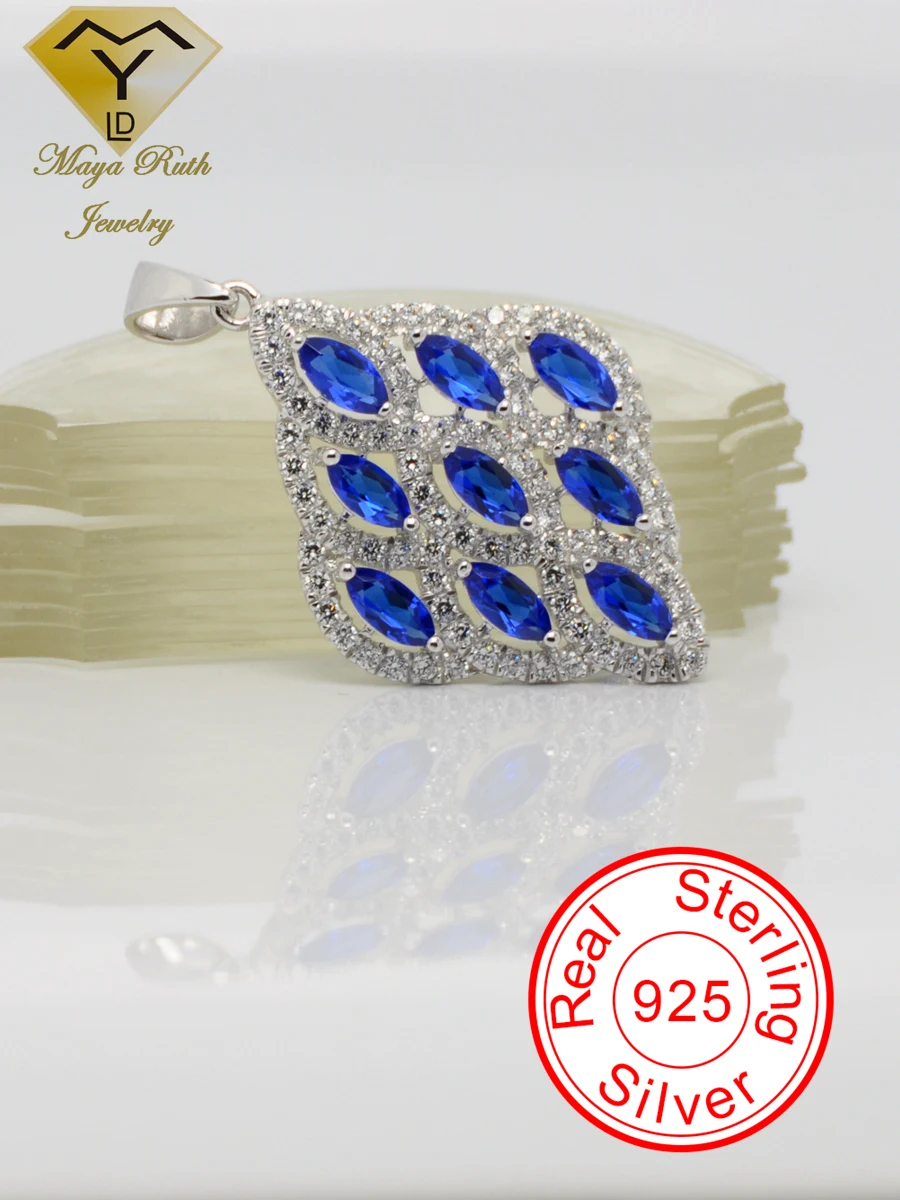 

Created Sapphire Gemstone Pendant 925 Sterling Silver Party For Women Aesthetic Gift Art Deco Blue Female Halo Vintage Necklace