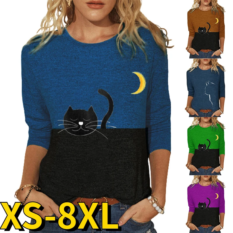 

Женский свободный топ с принтом кошки, повседневный пуловер с длинным рукавом и круглым вырезом в простом стиле, Осень-зима 2022