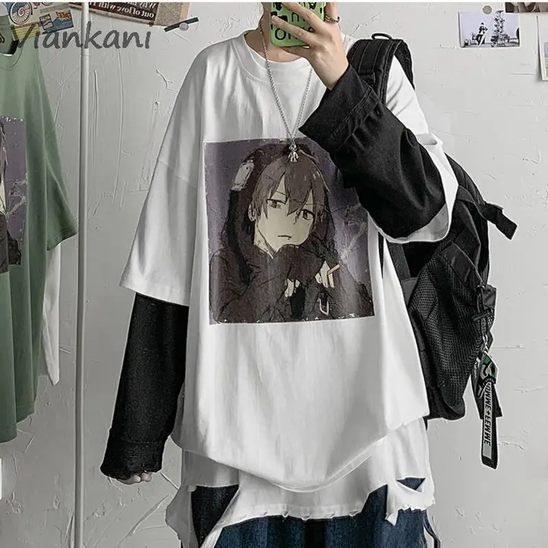 

Men's Cotton T-shirts 2022 Trendy Loose Casual Hoodies Fashion Clothes Long-sleeved Fake Two Piece Pullover 4 Color Men T-shirts