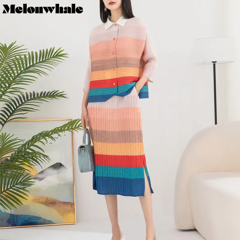 

MelonWhale New Striped Pleated Two Piece Women's Set Blouse Skirt Single Breasted 2023 Summer Lapel Long Sleeve Waist Female