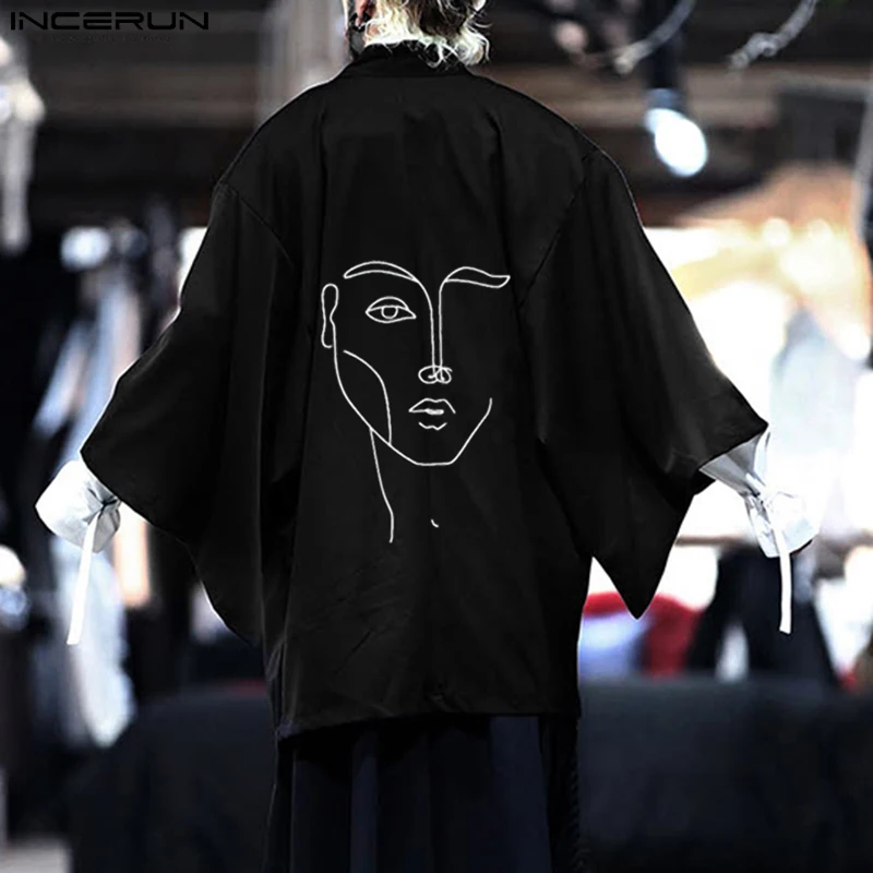 Casual Party Shows Hot Sale Tops INCERUN Men's Abstract Face Graffiti Print Blouse Male Loose Long Sleeve Cardigan Shirts S-5XL