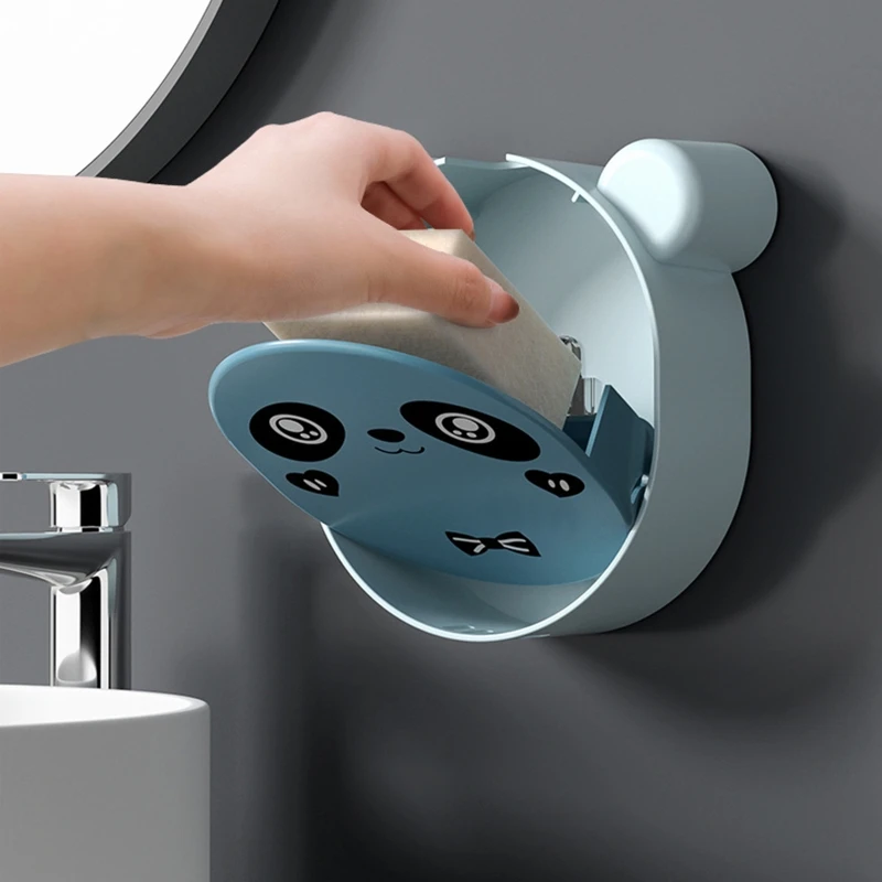

T5EB Wall Mounted Flip Lid Soap Box Cute Panda Soap Rack Bathroom Accessories