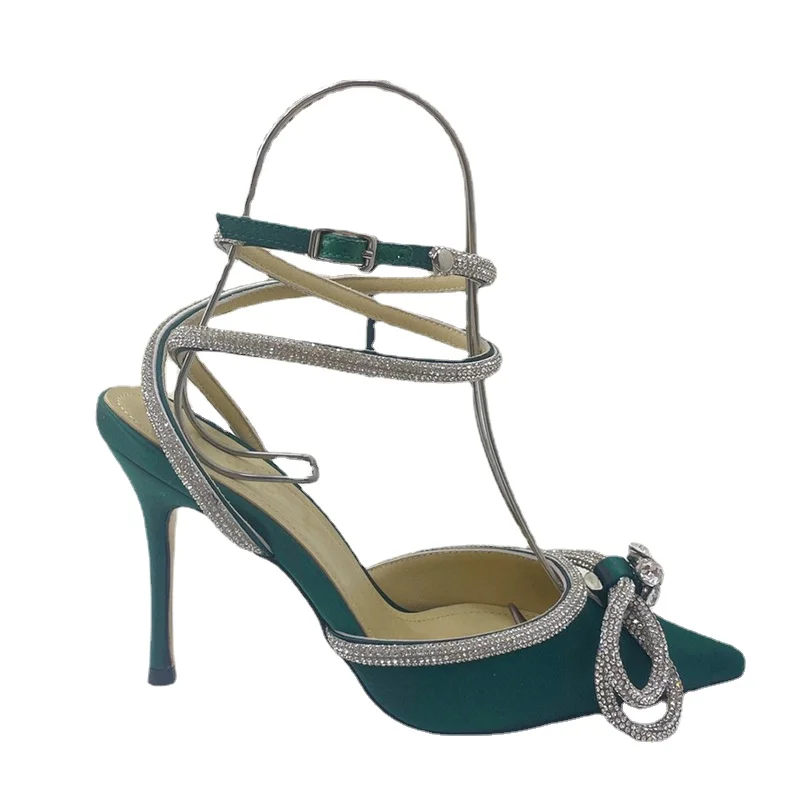 

Summer Temperament Fashion Fairy Shoes Satin Vamp Rhinestones Decor Women's High Heel Sandals Pointed Toe Sexy Banquet Shoes