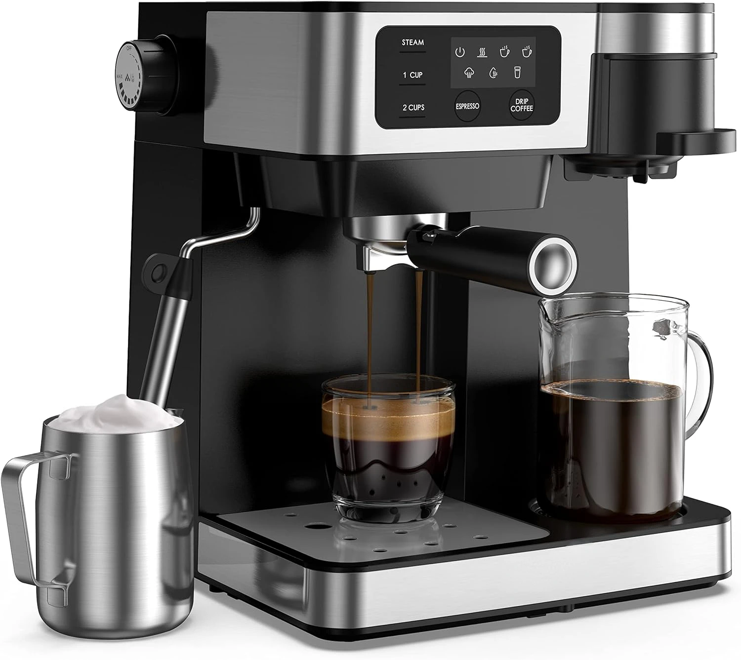 

Espresso Machine & Single Serve Maker with Milk Frother, Latte, & Cappuccino Machine, 1.2L Removable Tank, LED Display