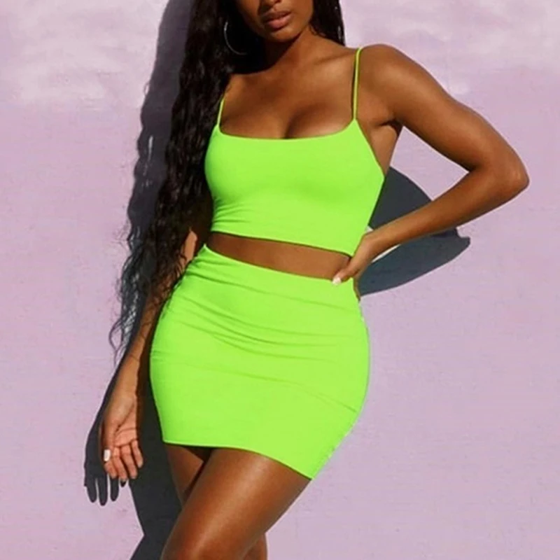 

Straps Sexy Camis Skirt 2 Two Piece Set 2022 Summer Women Fashion Neon Green Orange Solid Party Streetwear
