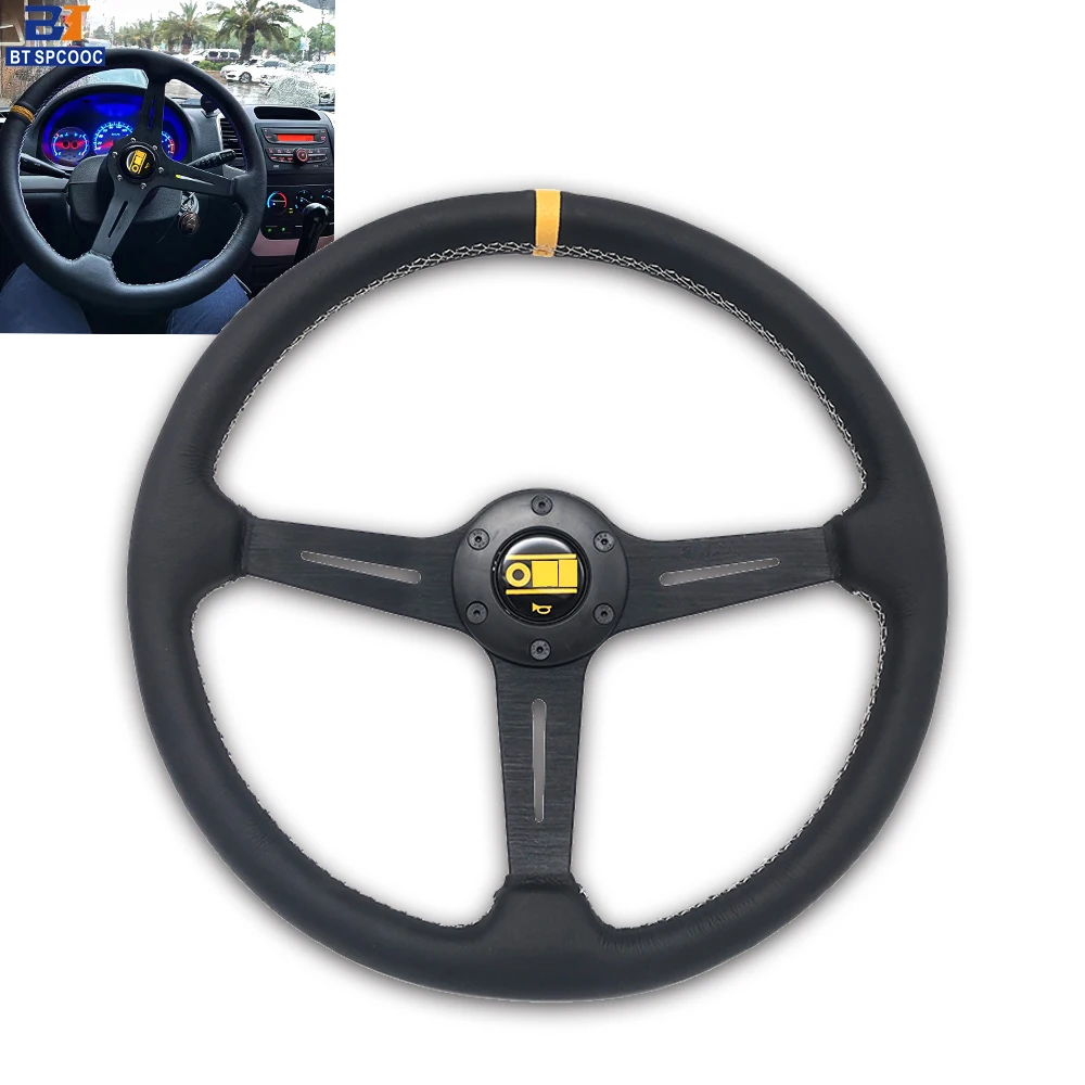 

Universal 15 Inch with OM* Horn Button Car Sports Steering Wheel 370MM Racing Steering Wheel High Quality Leather
