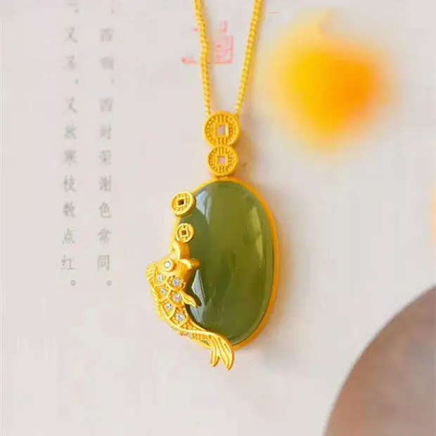 Natural Hetian Jade Gray Rich and Wealthy Vintage Silver Jewelry Carp Pendant Necklace Inlaid with S925 Sterling |