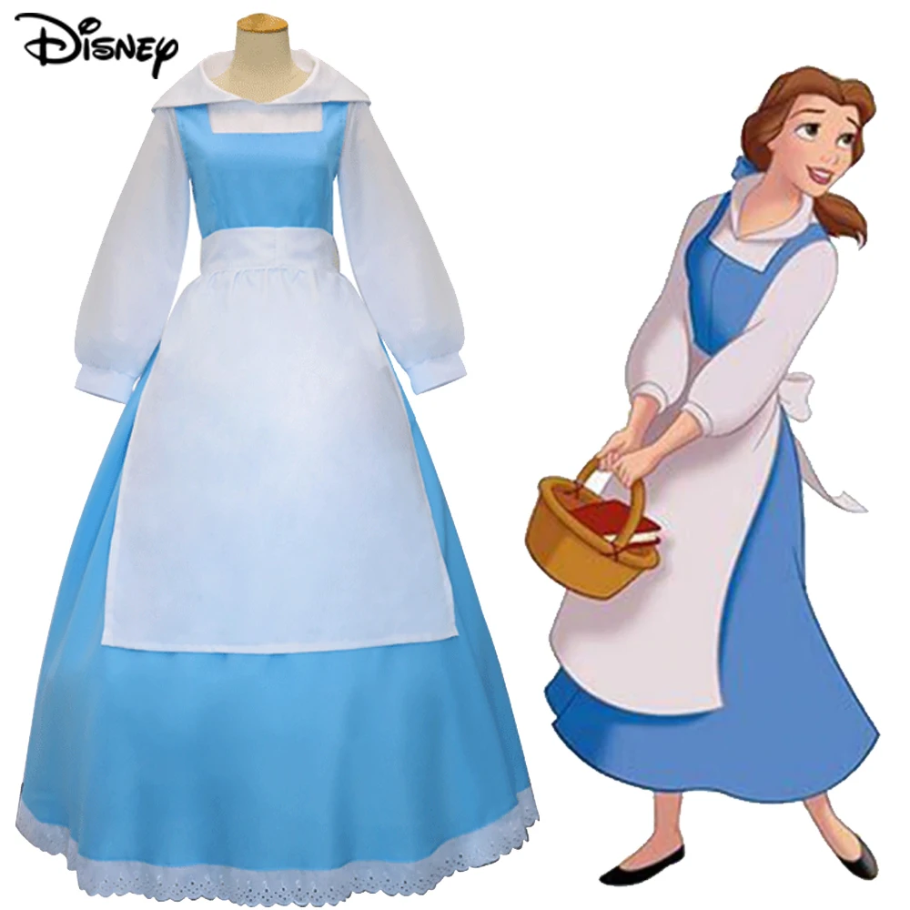 Güzellik ve Beast Belle hizmetçi kostüm Cosplay takım elbise Disney prenses mavi tam uzun kollu elbise S-XL yetişkin cadılar bayramı kostüm