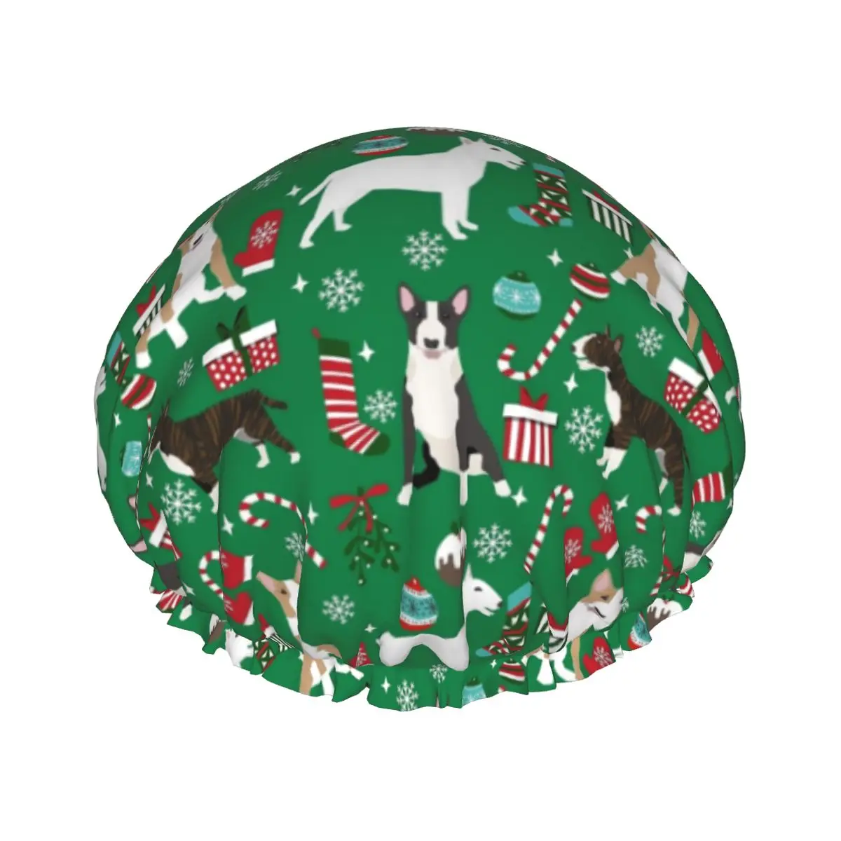 

Dogs In Christmas Waterproof Shower Cap with Elasticized Hem Reversible Shower Sleeping Bonnet Cap for All Hair Lengths