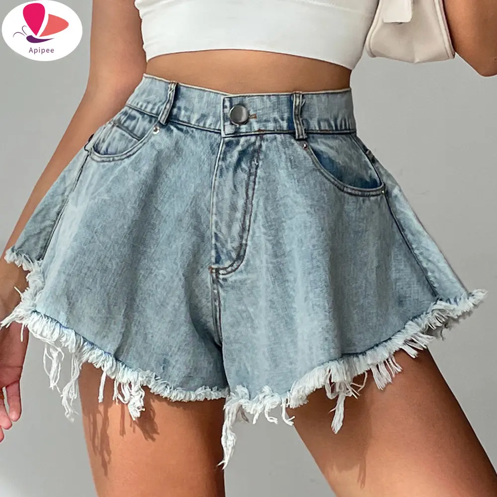 

APIPEE 2023 New Women Denim Shorts With Holes And High Waist Loose Tassel Jeans S-2XL