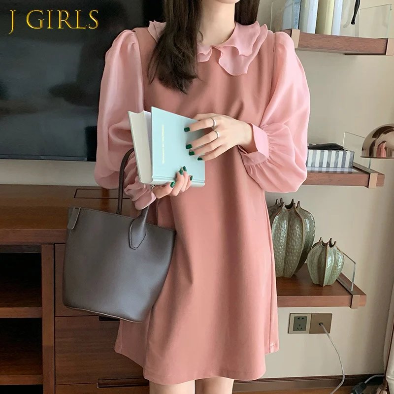 

J GIRLS Sweet Fake Two Piece Dress Women Double Lapels Contrast Stitching Puff Sleeve Mini Dresses 2022 Spring Elegant Clothing